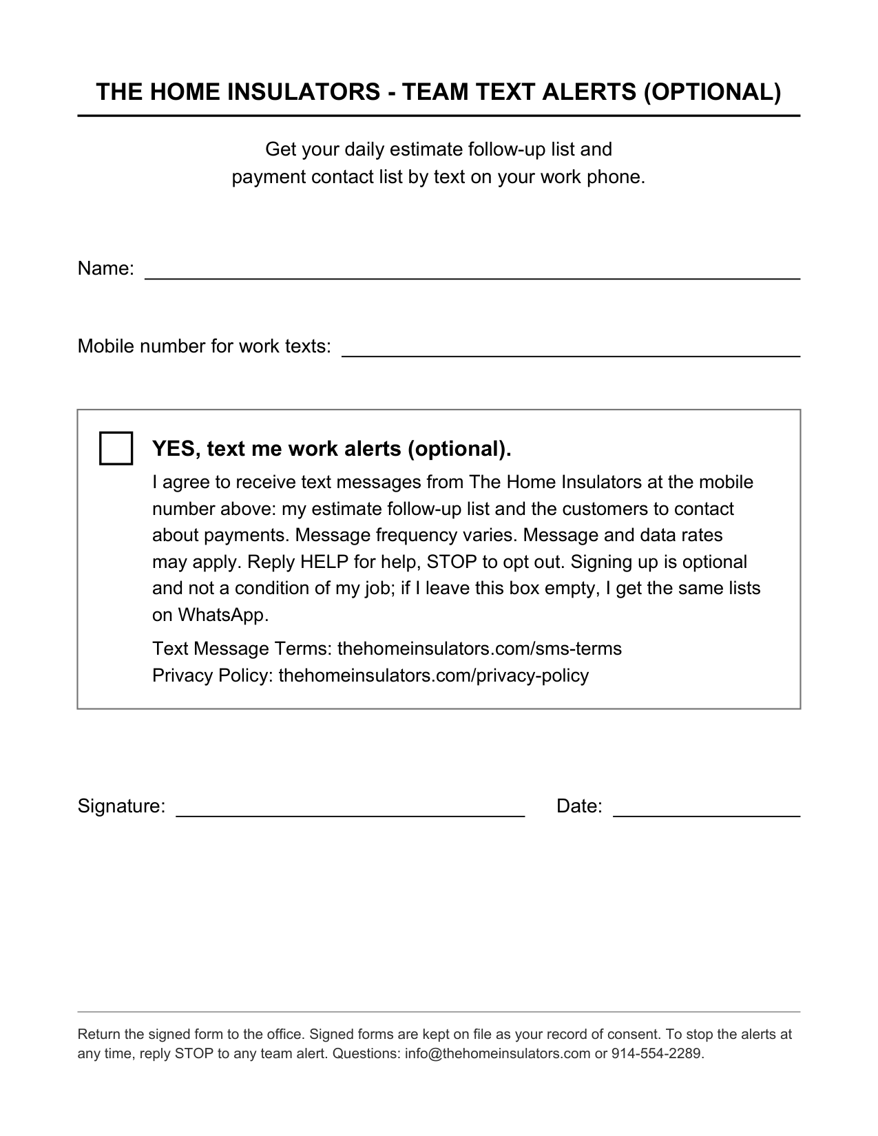 Blank Team Text Alerts sign-up form of The Home Insulators
